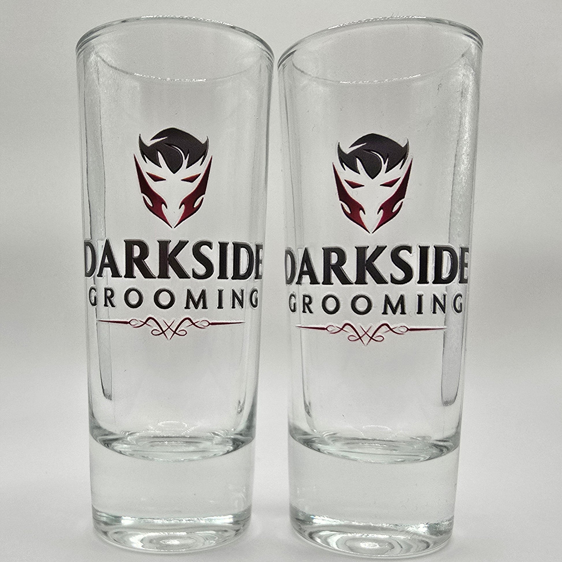 Shot glasses featuring Darkside Grooming logo